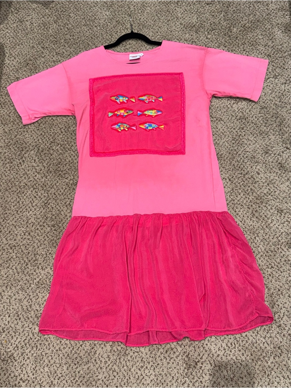 JOHNNY WAS Vintage Fish Embroidered Drop Waist T-Shirt Dress Pink | Sz S